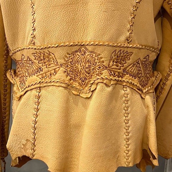 Vtg BUCKSKIN LEATHER Jacket PYROGRAPHY THUNDERBIRD Whipstitch FESTIVAL East West - Picture 5 of 16
